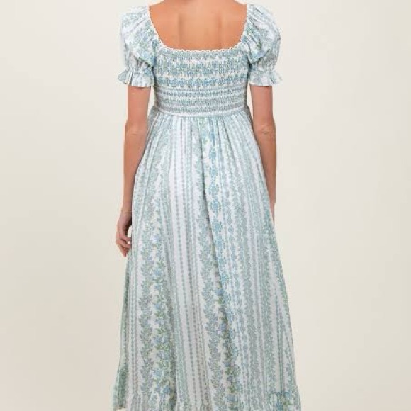 Light Blue Floral Puff Sleeve Lace Trim Maternity Maxi Dress - Picture 2 of 4